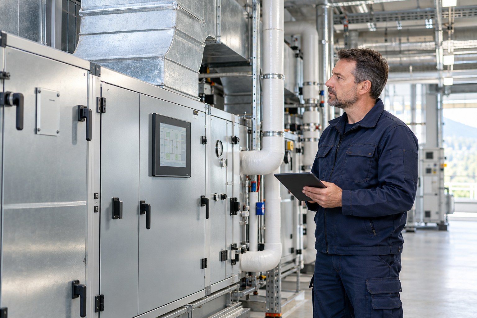 Erfahrener Servicetechniker an einer industriellen Lüftungsanlage – KI-Symbolbild